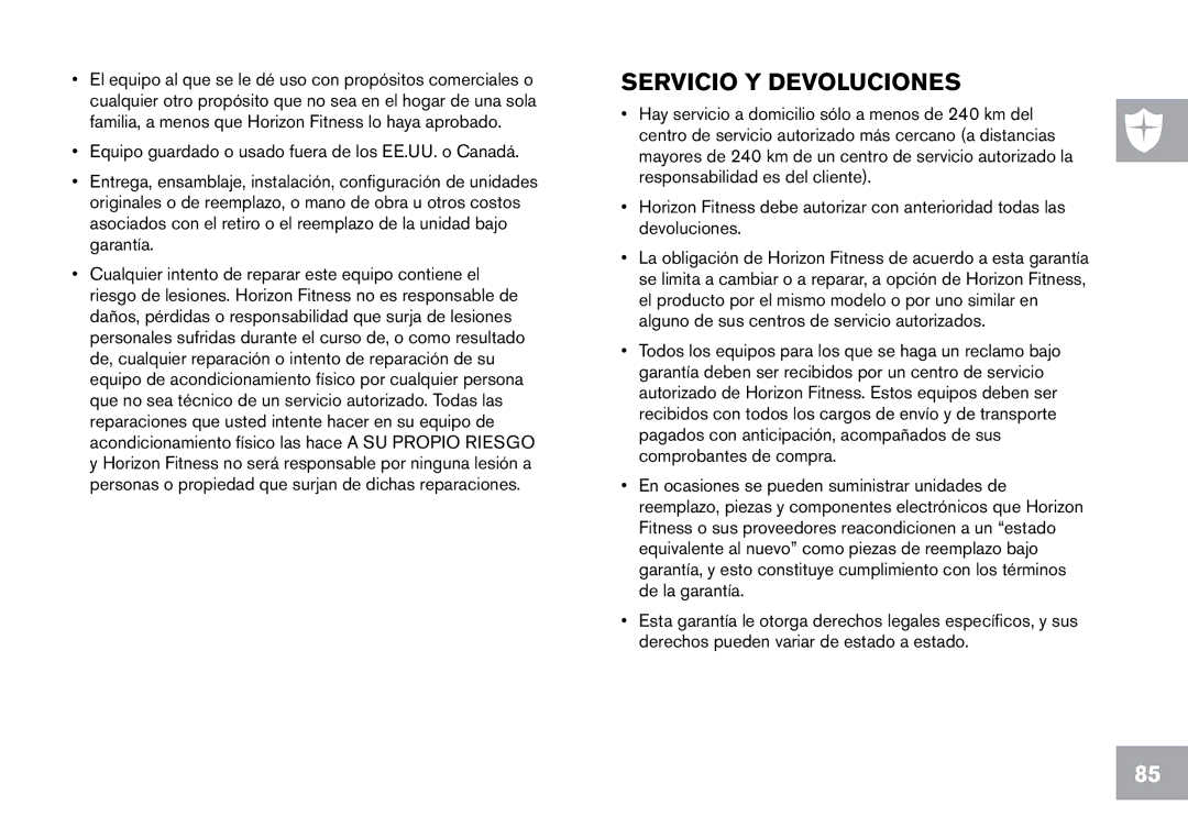 Horizon Fitness CT12.1 owner manual Servicio Y Devoluciones 