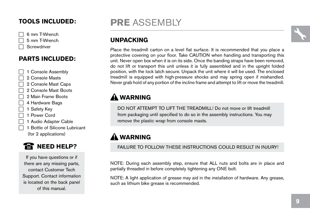 Horizon Fitness CT12.1 owner manual PRE Assembly, Tools Included, Parts Included, Need HELP?, Unpacking 