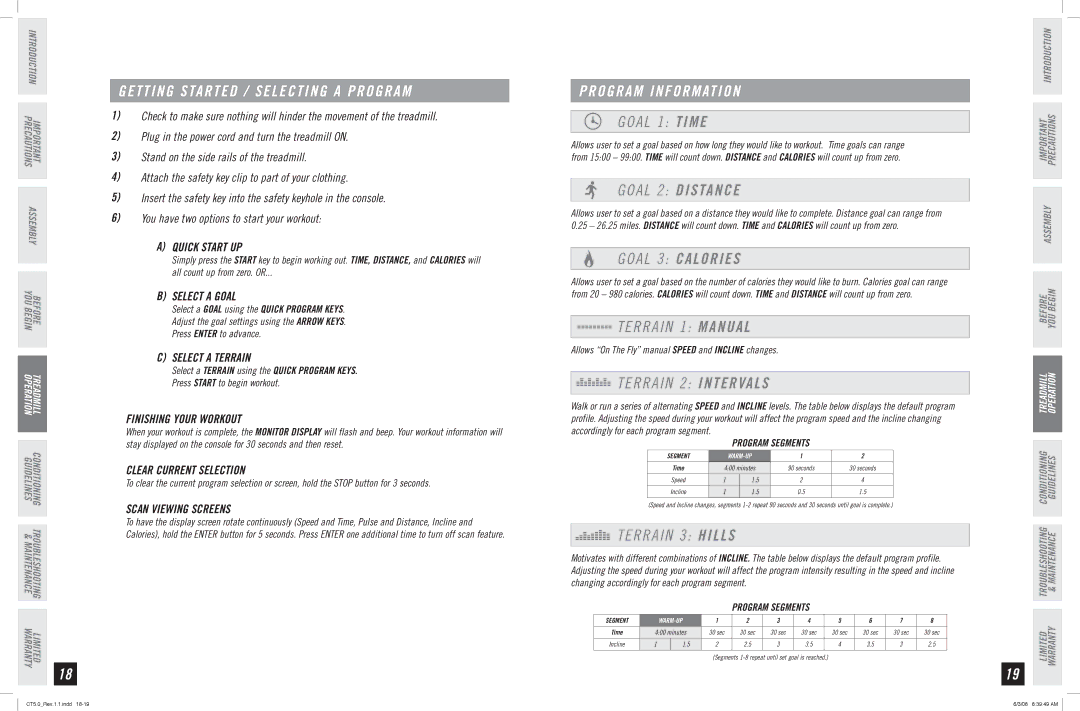 Horizon Fitness CT5.0 manual Goal 1 Time, Goal 2 Distance, Goal 3 Calories, Terrain 2 Intervals, Terrain 3 Hills 