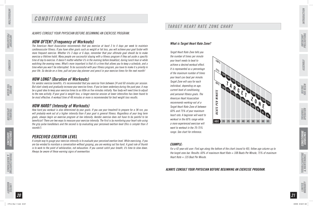 Horizon Fitness CT5.0 manual Conditioning Guidelines, Target Heart Rate Zone Chart, Perceived Exertion Level, Example 