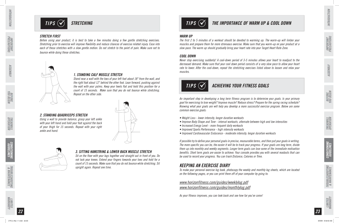 Horizon Fitness CT5.0 manual P S Stretching, P S Achieving Your Fitness Goals, Keeping AN Exercise Diary 