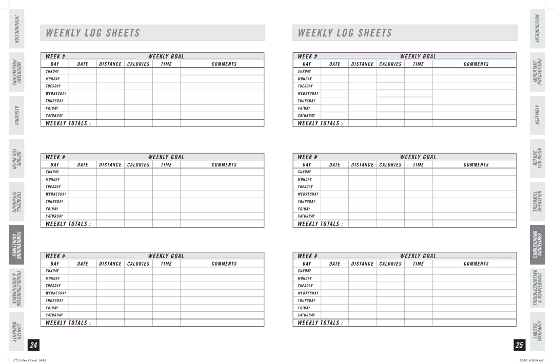 Horizon Fitness CT5.0 manual Weekly LOG Sheets, Weekly Totals 