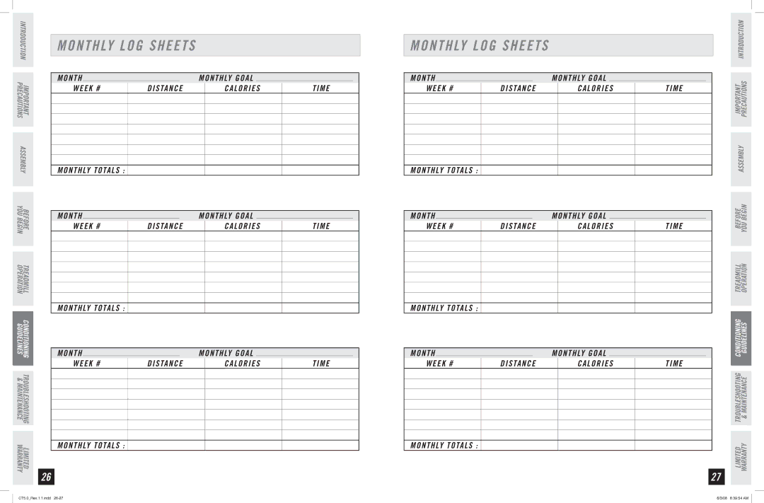 Horizon Fitness CT5.0 manual Monthly LOG Sheets, Week # Distance Calories Time Monthly Totals 