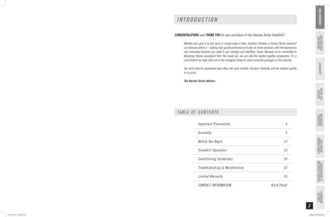 Horizon Fitness CT5.0 manual T R O D U C T I O N, Table of Contents 