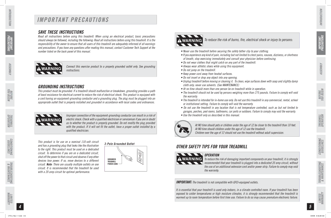 Horizon Fitness CT5.0 manual Important Precautions, Grounding Instructions, Operation 