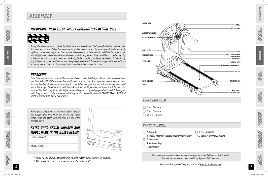 Horizon Fitness CT5.0 manual S E M B Ly, Unpacking, Tools Included, Parts Included 