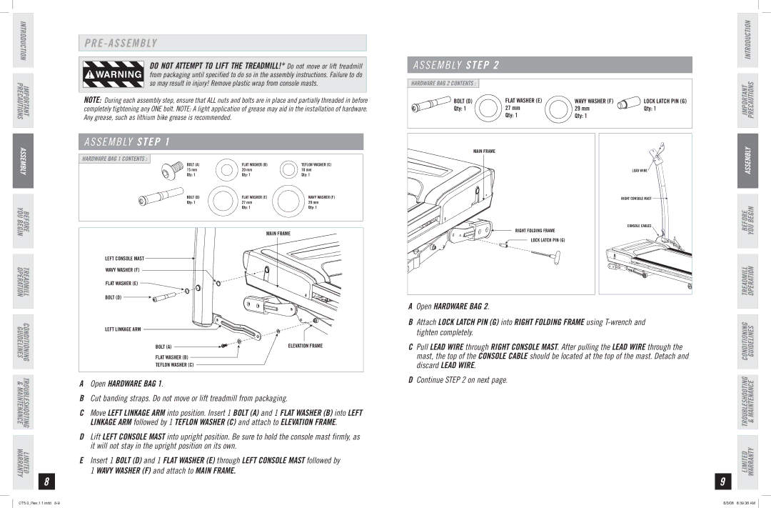 Horizon Fitness CT5.0 manual E a S S E M B LY, Open Hardware Bag 