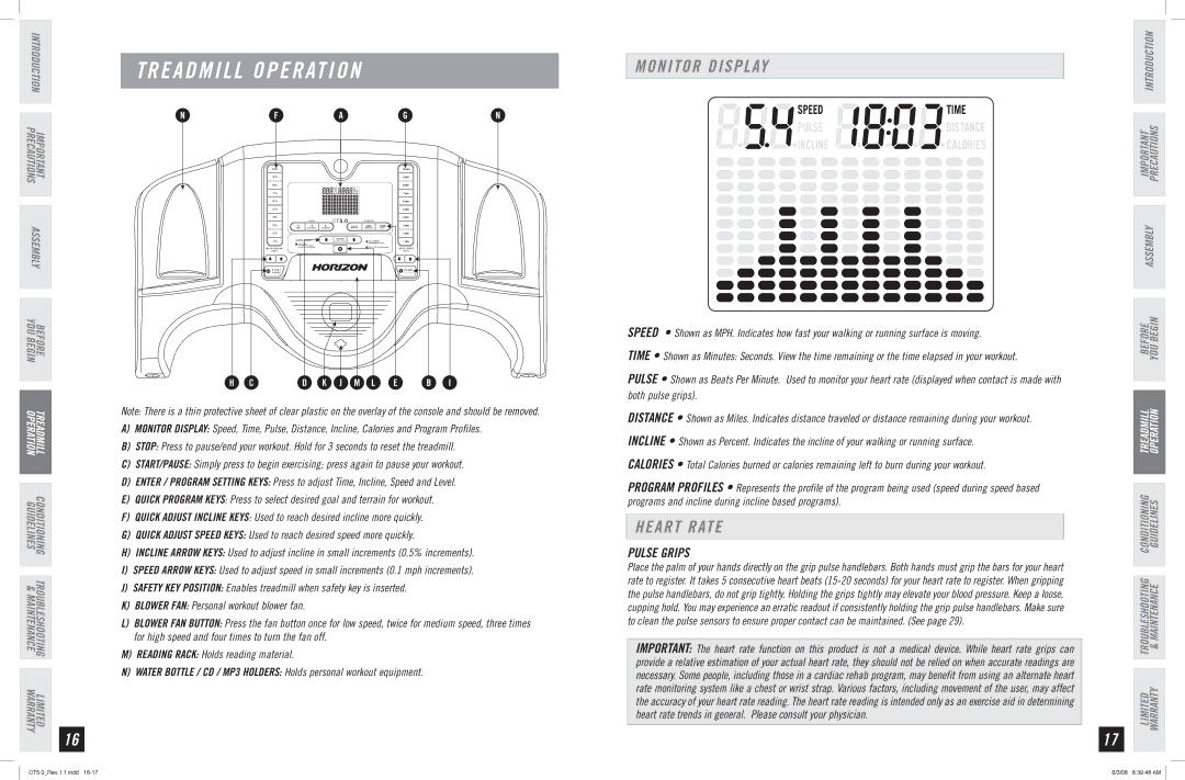 Horizon Fitness CT5.0 manual Monitor Display, Heart Rate, Pulse Grips 