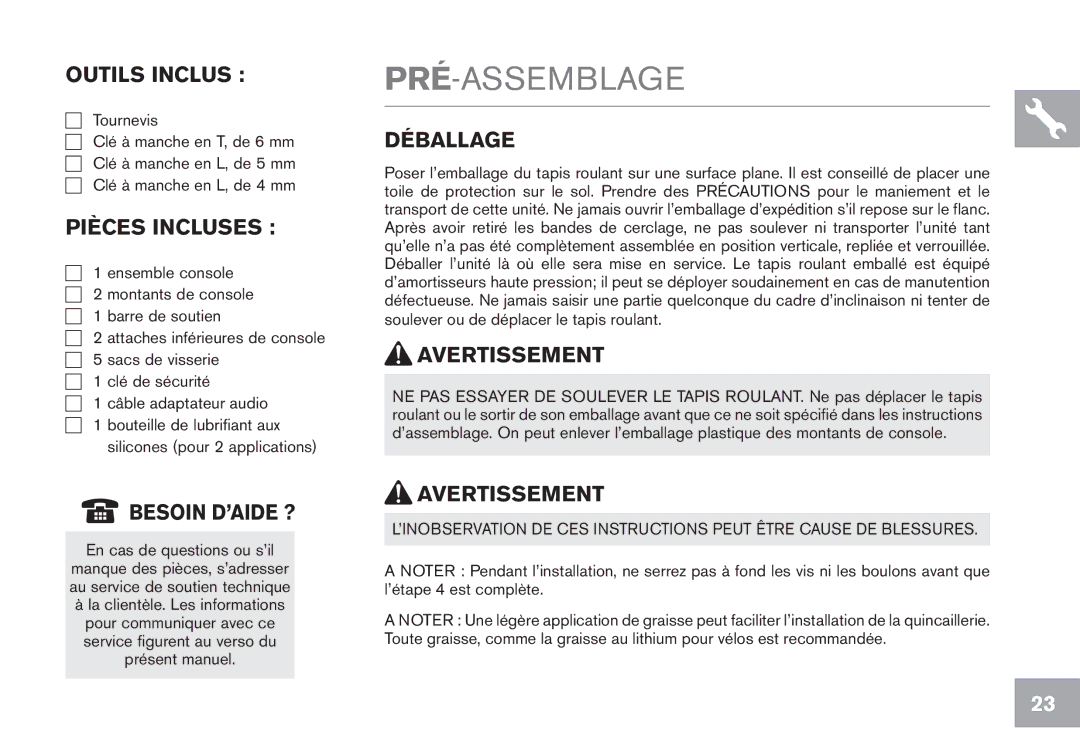 Horizon Fitness CT5.1 owner manual Pré-Assemblage 