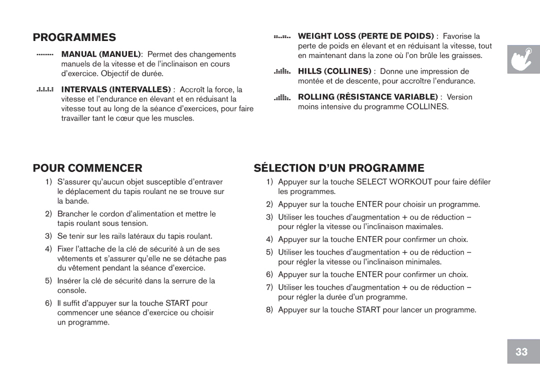 Horizon Fitness CT5.1 owner manual Programmes, Pour Commencer, Sélection d’un programme 