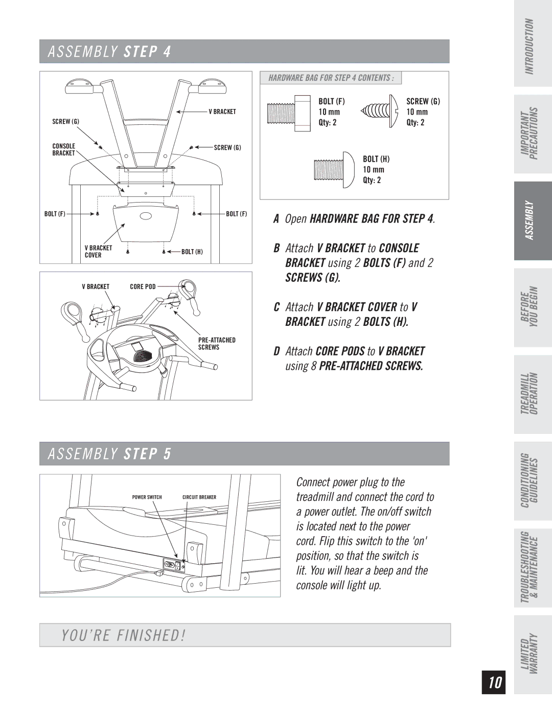 Horizon Fitness CT61 manual YOU’RE Finished, Screws G 