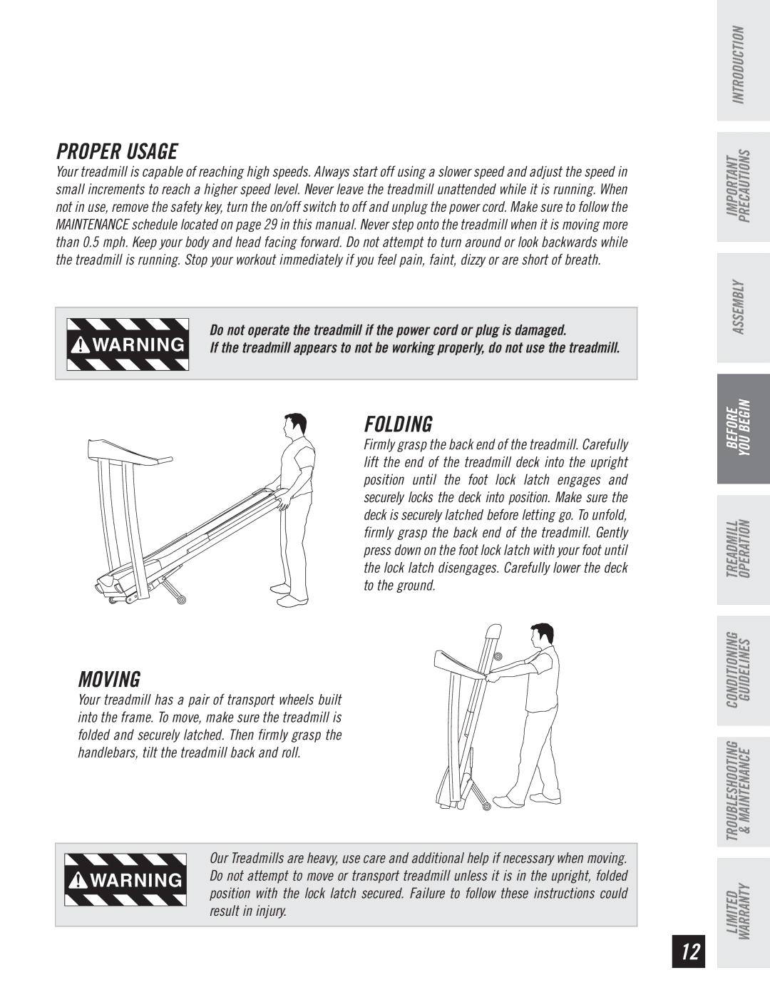 Horizon Fitness CT61 manual Proper Usage, Folding, Moving 