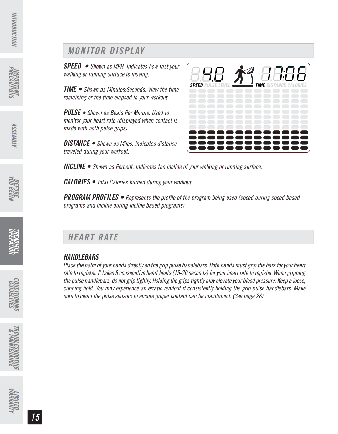 Horizon Fitness CT61 manual Monitor Display, Heart Rate, Handlebars 