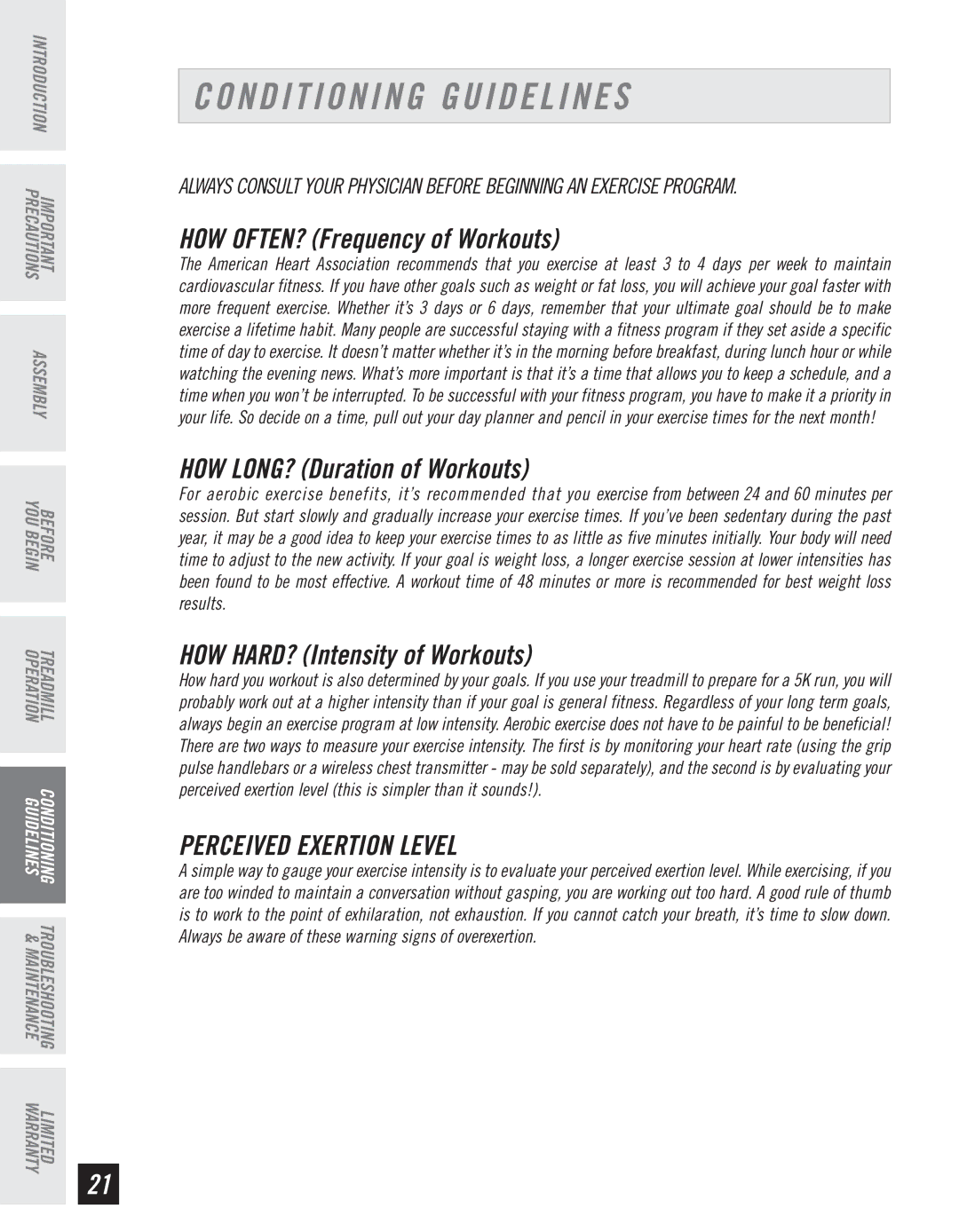 Horizon Fitness CT61 manual Conditioning Guidelines, Perceived Exertion Level 