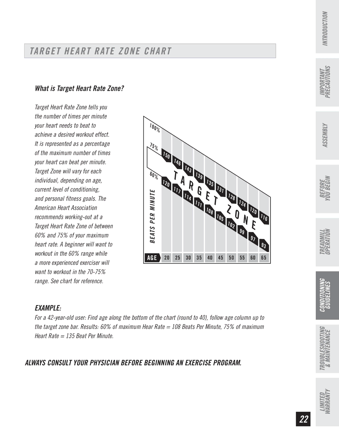 Horizon Fitness CT61 manual Target Heart Rate Zone Chart, Example 