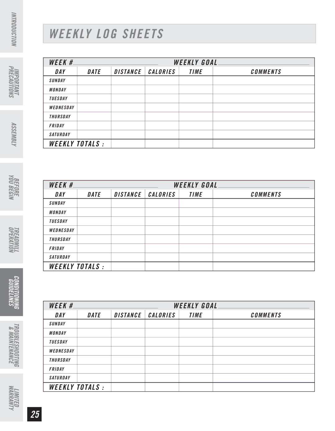 Horizon Fitness CT61 manual Weekly LOG Sheets, Weekly Totals 