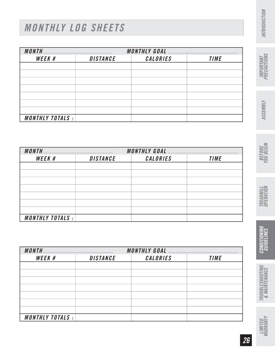 Horizon Fitness CT61 manual Monthly LOG Sheets, Week # Distance Calories Time Monthly Totals 