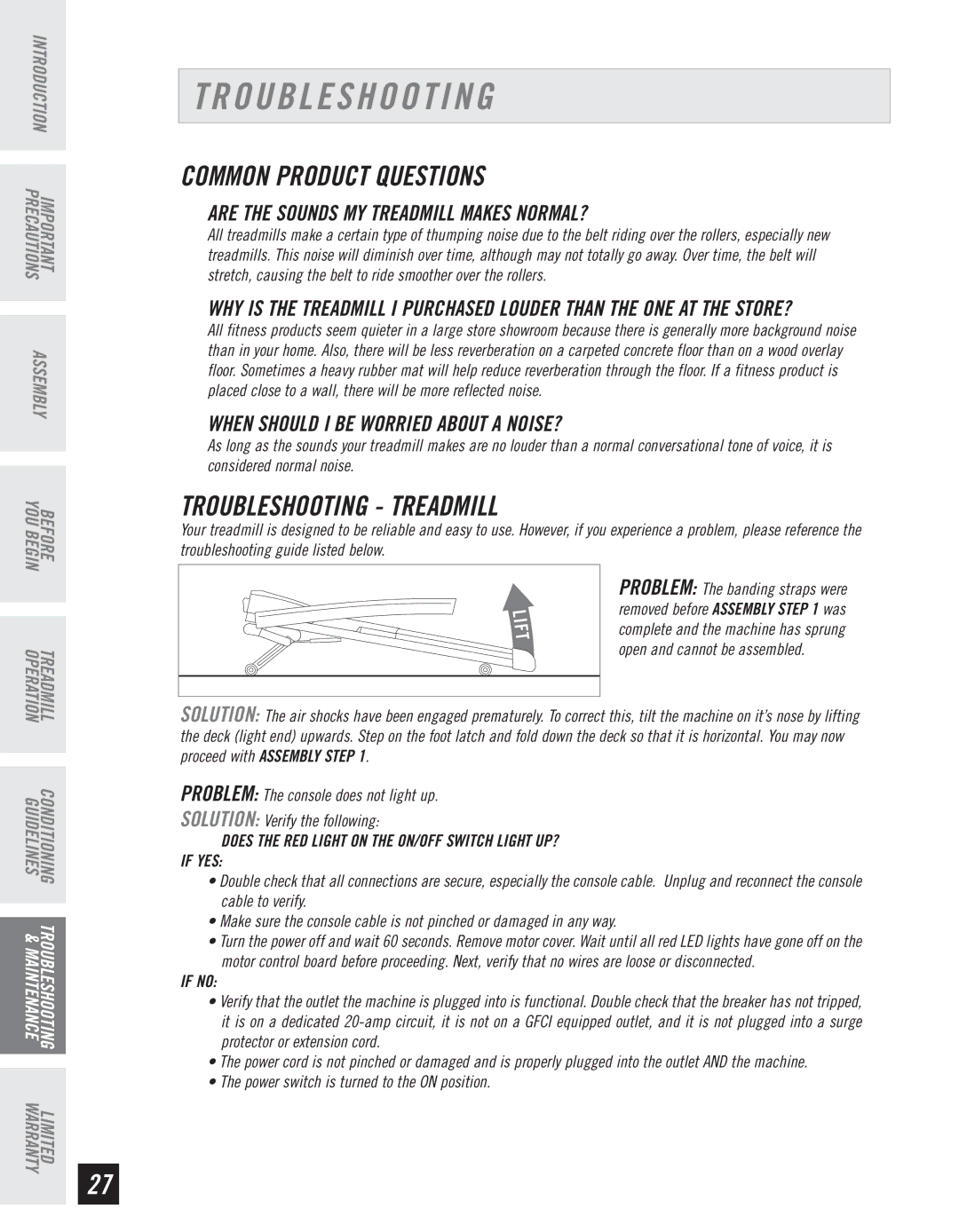 Horizon Fitness CT61 manual Common Product Questions, Troubleshooting Treadmill 