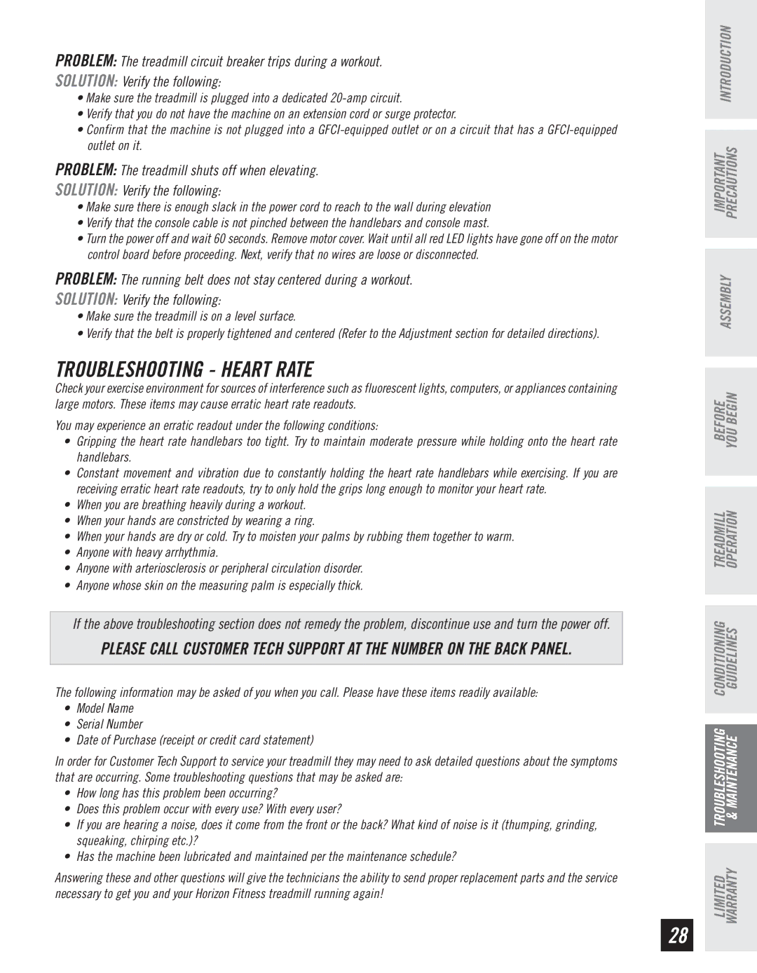 Horizon Fitness CT61 manual Troubleshooting Heart Rate, Make sure the treadmill is on a level surface 