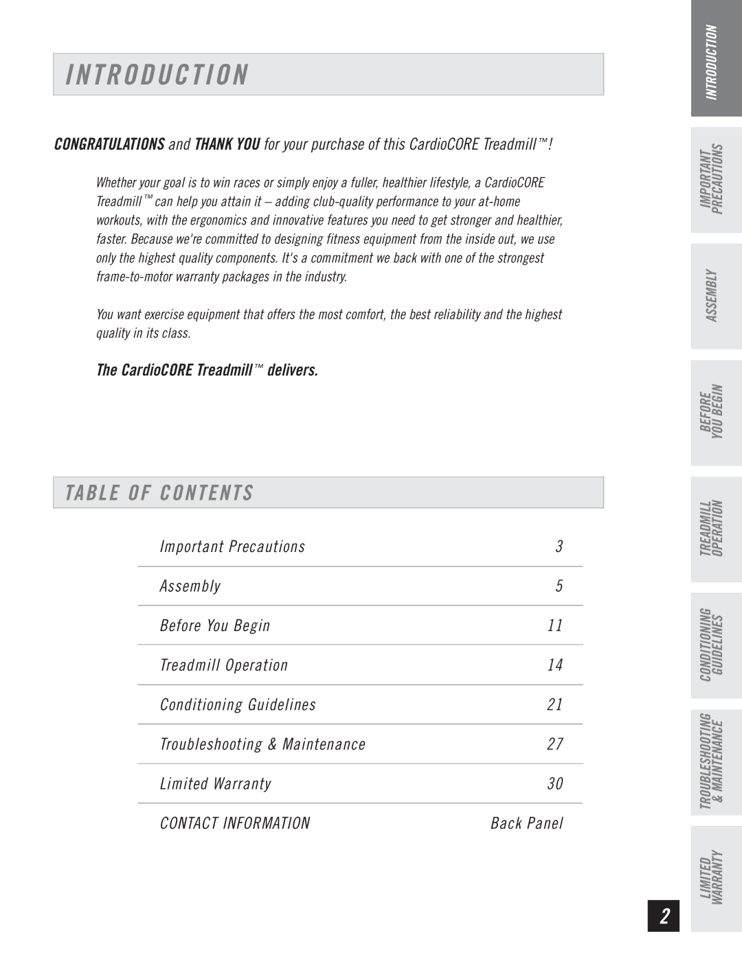 Horizon Fitness CT61 manual T R O D U C T I O N, Table of Contents 