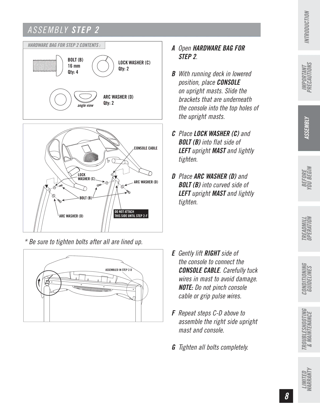 Horizon Fitness CT61 manual Tighten all bolts completely 