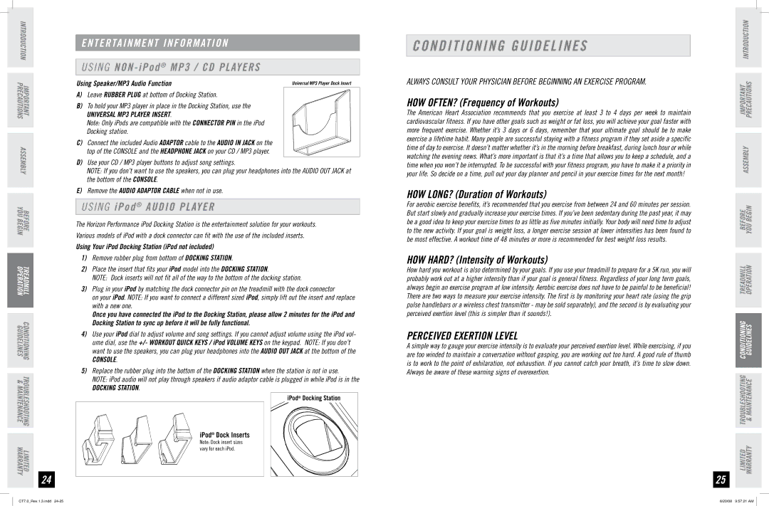 Horizon Fitness CT7.0 manual Conditioning Guidelines, Perceived Exertion Level, Universal MP3 Player Insert, Console 