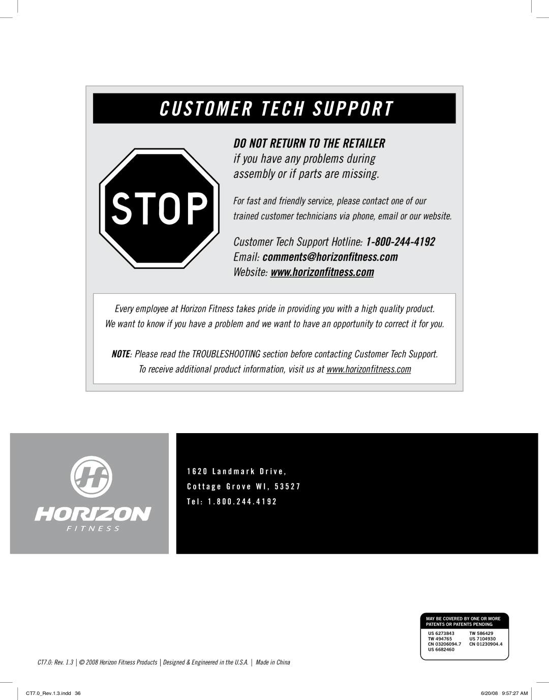 Horizon Fitness CT7.0 manual Customer Tech Support 