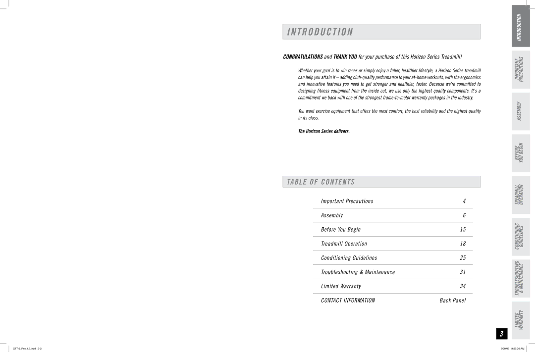 Horizon Fitness CT7.0 manual T R O D U C T I O N, Table of Contents 