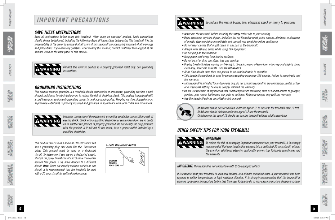 Horizon Fitness CT7.0 manual Important Precautions, Grounding Instructions, Operation 