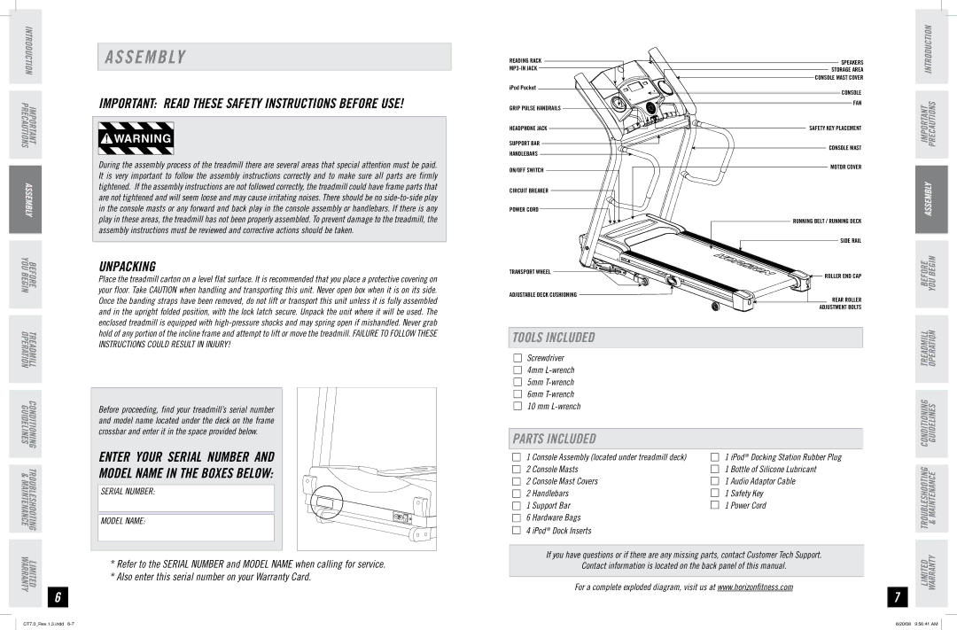 Horizon Fitness CT7.0 manual S E M B Ly, Unpacking, Tools Included, Parts Included, Serial Number Model Name 