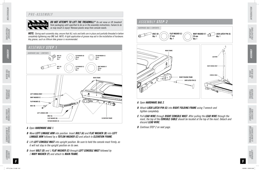 Horizon Fitness CT7.0 manual E a S S E M B LY, Open Hardware Bag 