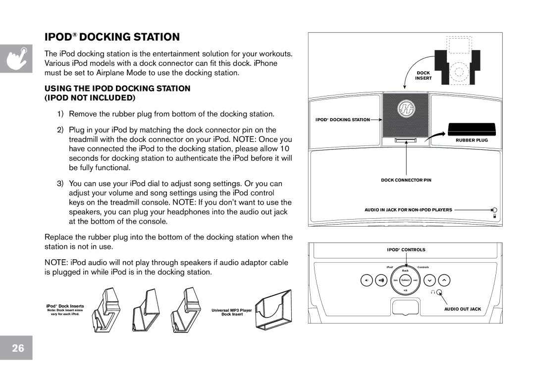 Horizon Fitness CT7.1, T203 owner manual IPod docking station, Using the iPod docking station ipod not included 