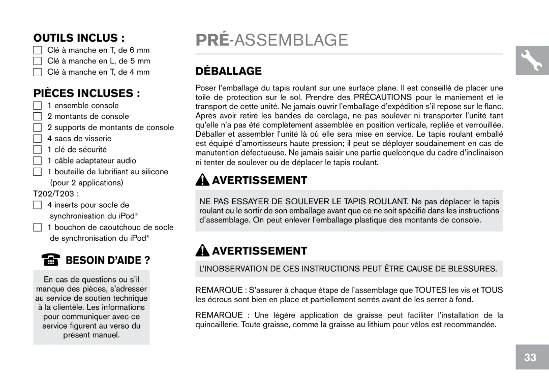 Horizon Fitness T203, CT7.1 owner manual Pré-Assemblage 