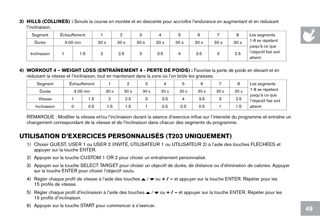 Horizon Fitness CT7.1 owner manual Utilisation D’EXERCICES Personnalisés T203 Uniquement 