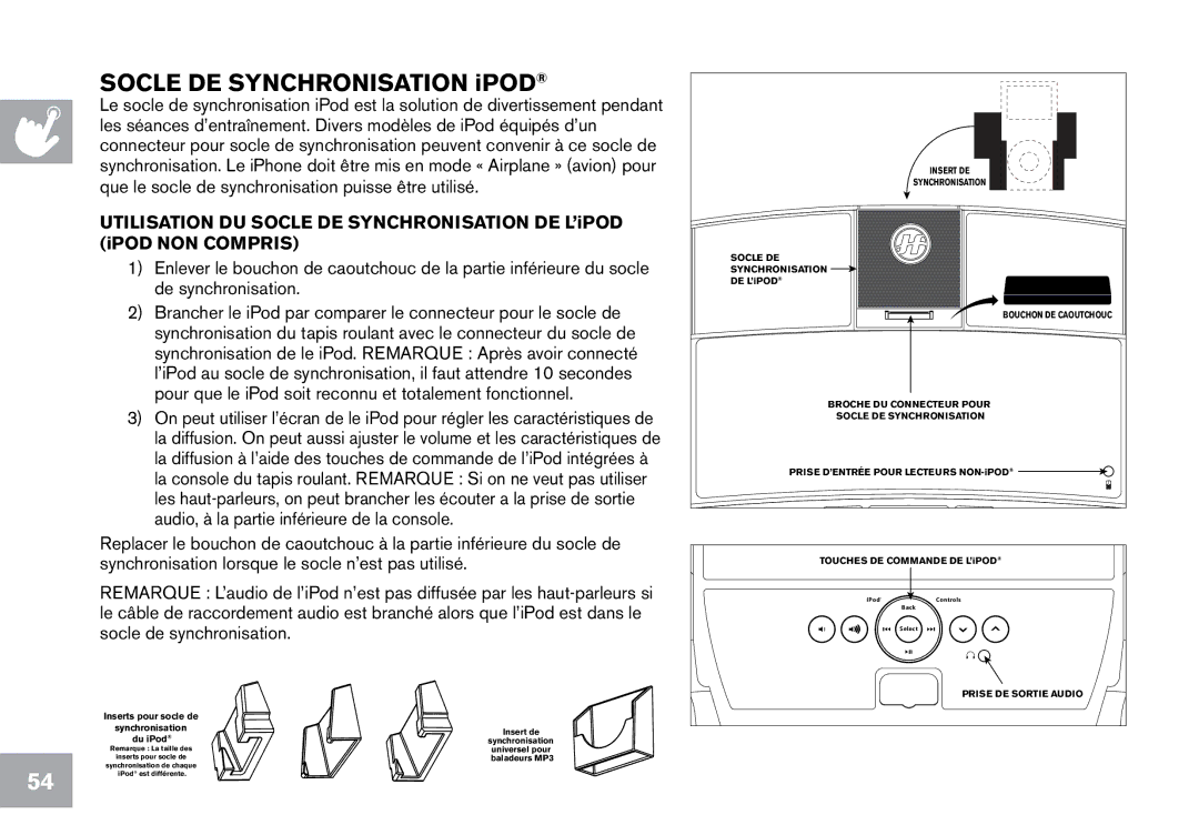 Horizon Fitness CT7.1, T203 owner manual Socle DE Synchronisation iPOD 