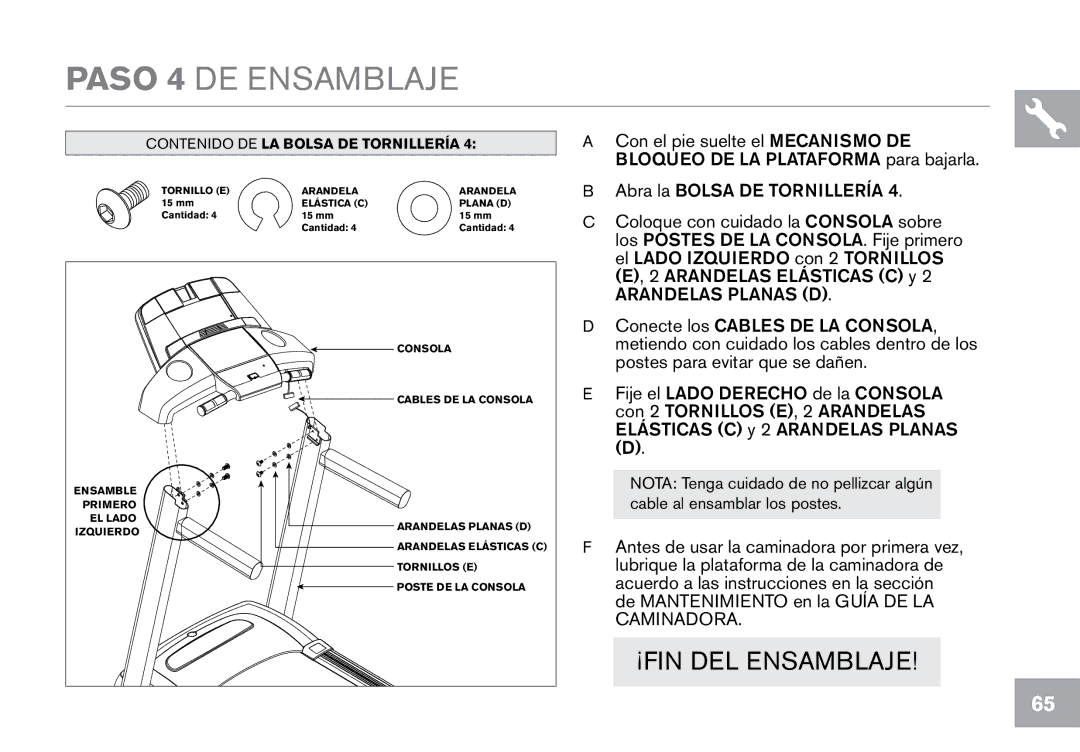 Horizon Fitness T203, CT7.1 owner manual Paso 4 DE Ensamblaje 