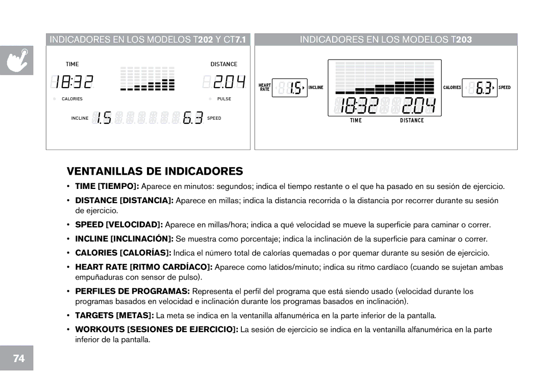 Horizon Fitness CT7.1, T203 owner manual Ventanillas de indicadores 