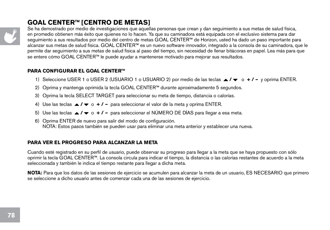 Horizon Fitness CT7.1, T203 owner manual Goal Center Centro de metas, Para Configurar EL Goal Center 