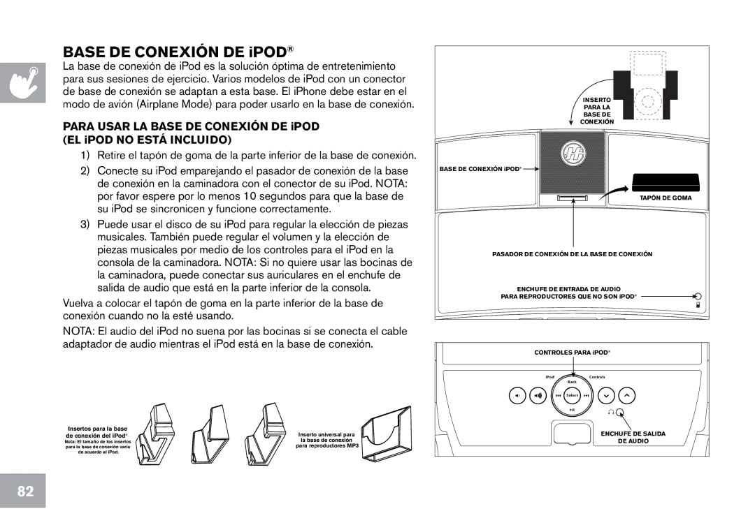 Horizon Fitness CT7.1, T203 owner manual Base DE Conexión DE iPOD, De conexión del iPod 