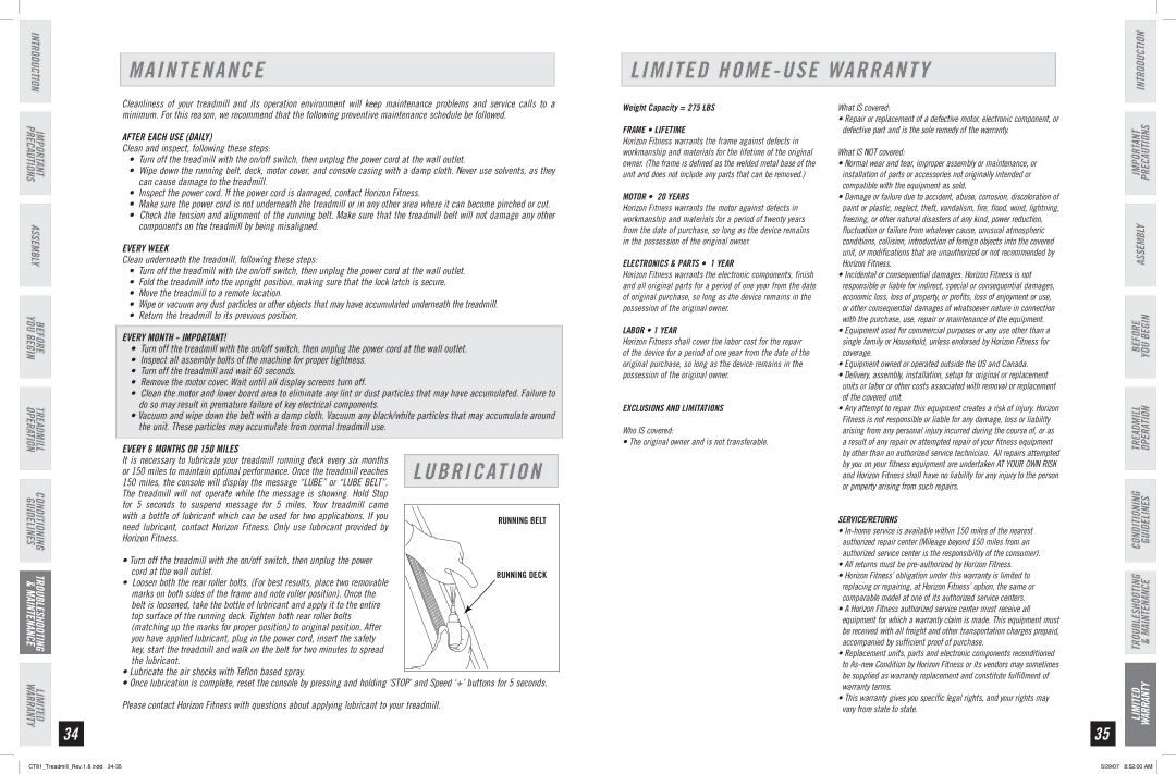 Horizon Fitness CT81 manual I N T E N a N C E, Limited Home USE Warranty 