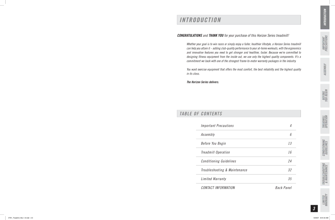 Horizon Fitness CT81 manual T R O D U C T I O N, Table of Contents 