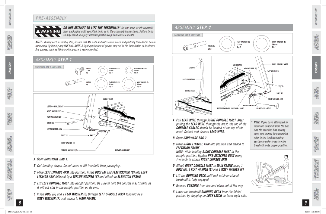 Horizon Fitness CT81 manual Open Hardware BAG, Elevation Frame, Remove console from box and place out of the way 