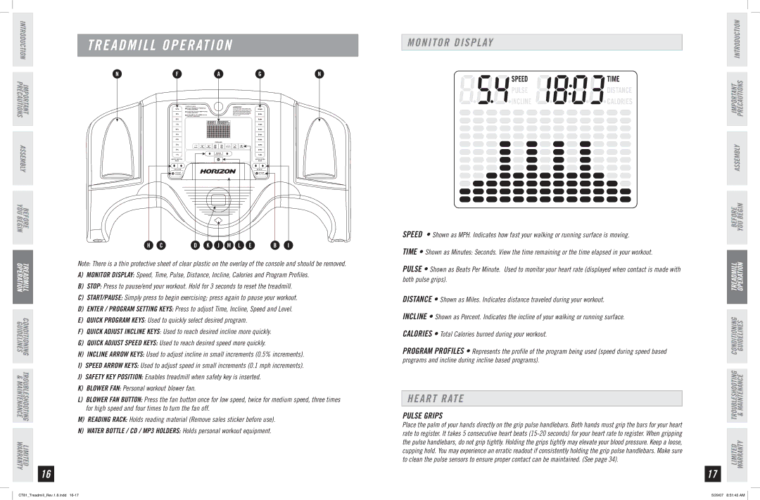 Horizon Fitness CT81 manual Monitor Display, Heart Rate, Pulse Grips 