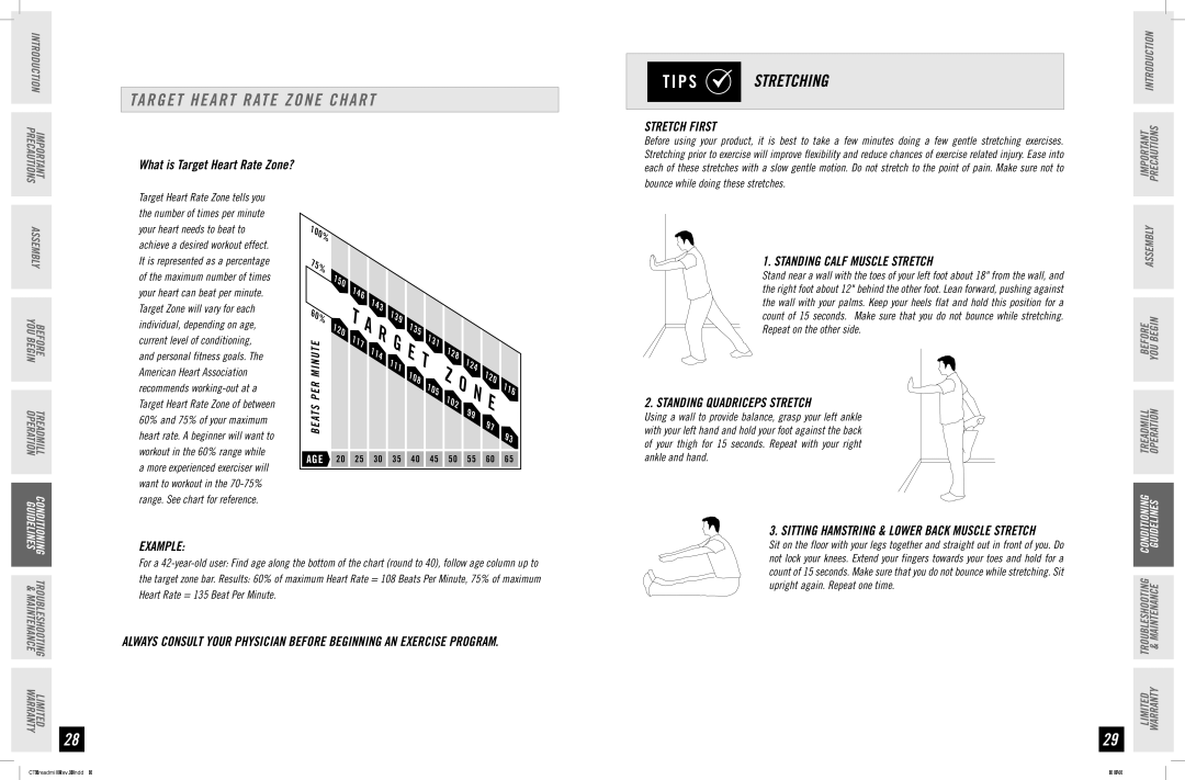 Horizon Fitness CT83 manual Target Heart Rate Zone Chart, Stretch First, Standing Calf Muscle Stretch, Example 