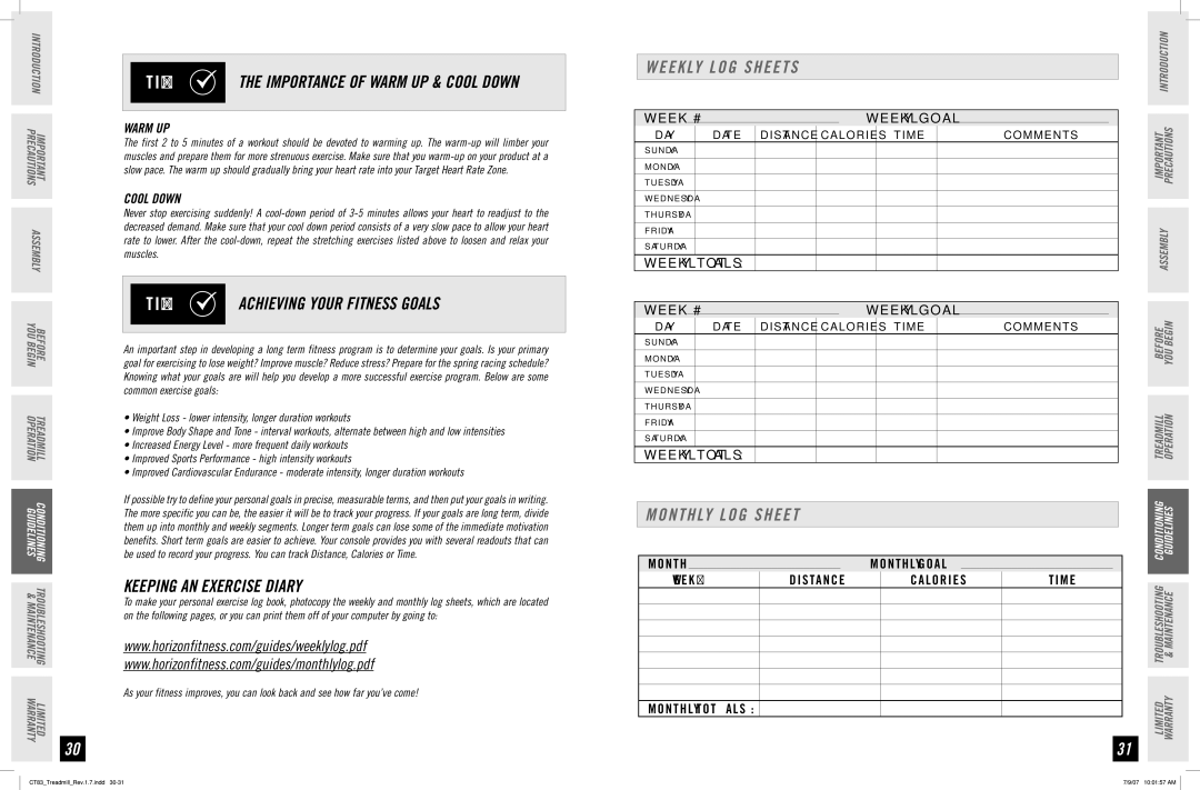 Horizon Fitness CT83 manual P S Achieving Your Fitness Goals, Keeping AN Exercise Diary, Monthly LOG Sheet 