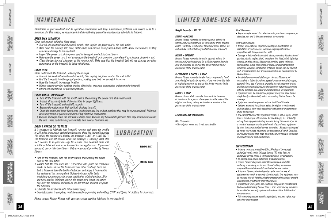 Horizon Fitness CT83 manual I N T E N a N C E, Limited Home USE Warranty 