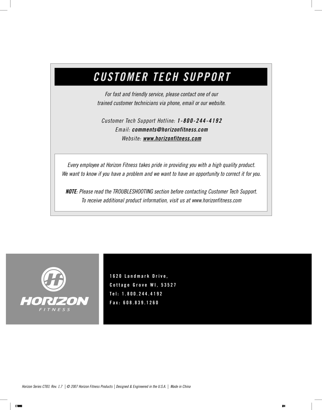 Horizon Fitness CT83 manual Customer Tech Support 