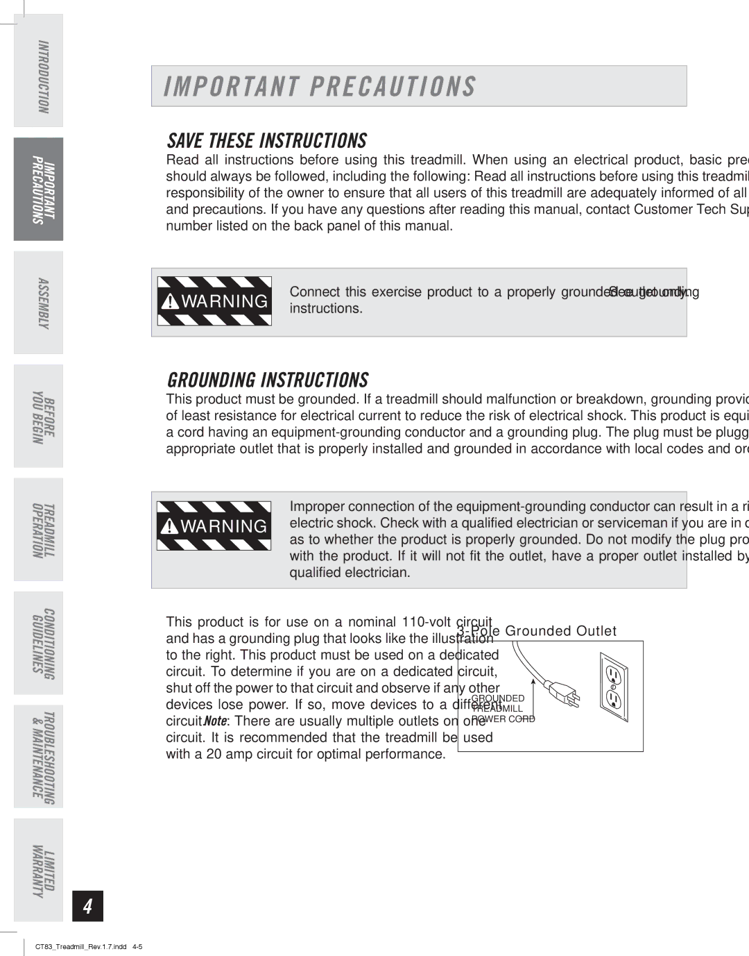 Horizon Fitness CT83 manual Important Precautions, Grounding Instructions, Operation 