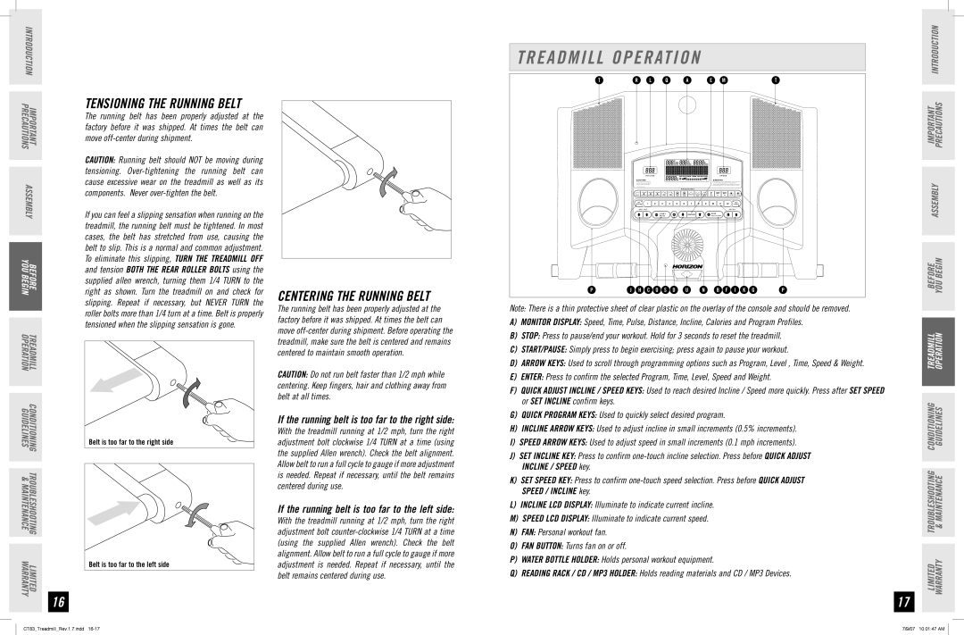 Horizon Fitness CT83 Treadmill Operation, Centering the Running Belt, If the running belt is too far to the right side 