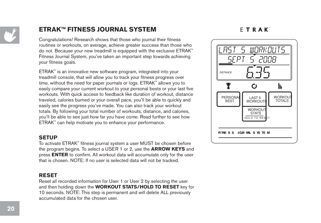 Horizon Fitness CT9.1 owner manual Etrak Fitness Journal System 